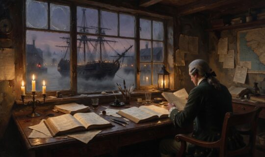 18th century British counting house interior at dusk