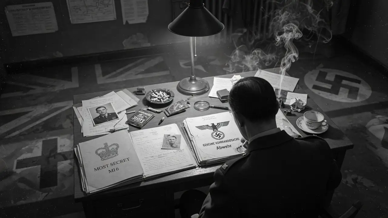 1940s era intelligence officer seated at a desk 1940s Era Intelligence Officer Seated At A Desk