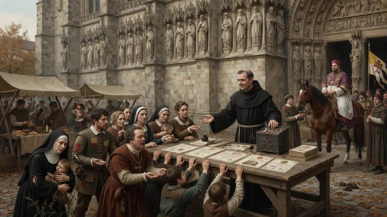A Medieval Marketplace Scene Set Outside A Cathedral