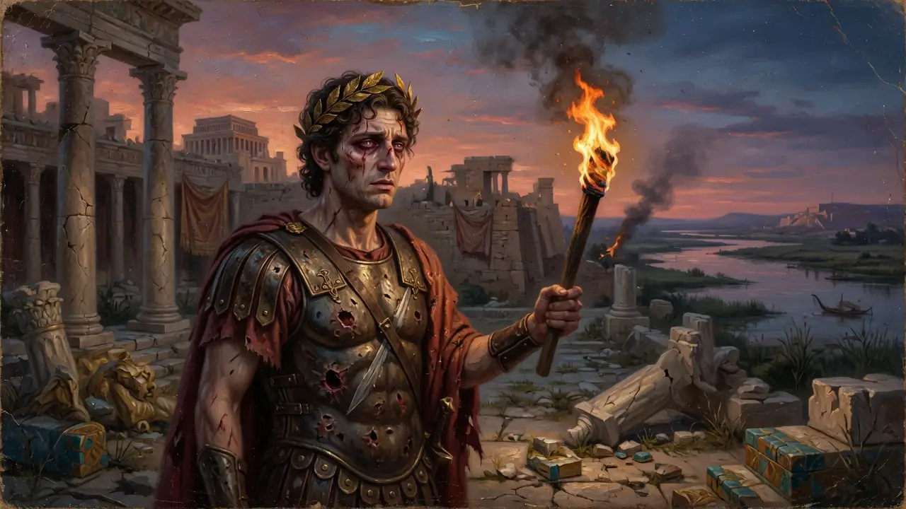 Alexander The Great Standing In A Ruined Palace Courtyard At Dusk