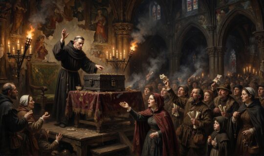Dominican friar in black robes stands on a raised wooden platform Dominican friar in black robes stands on a raised wooden platform