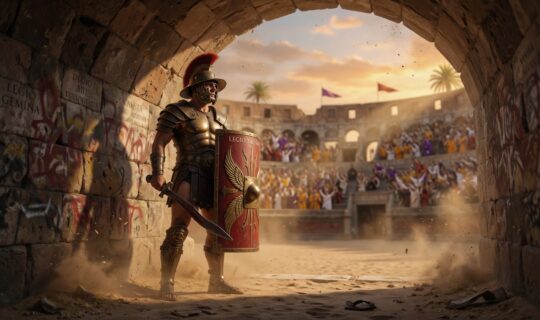 Roman gladiator standing in the tunnel entrance of the Colosseum