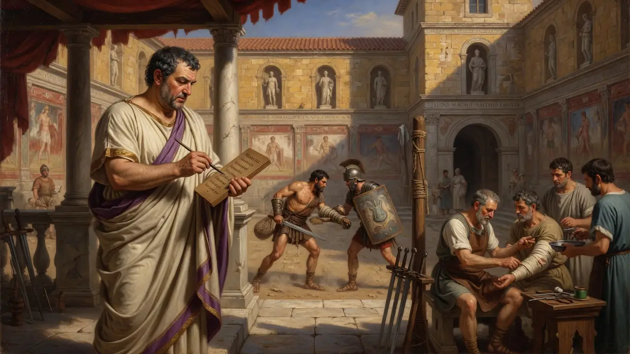 Roman lanista reviewing a gladiatorial school training Roman Lanista Reviewing A Gladiatorial School Training
