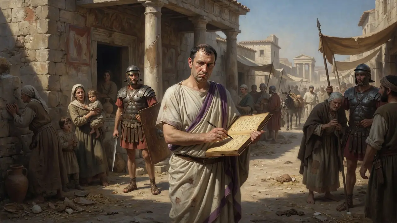 Roman tax collector in a toga with a wax ledger Roman tax collector in a toga with a wax ledger