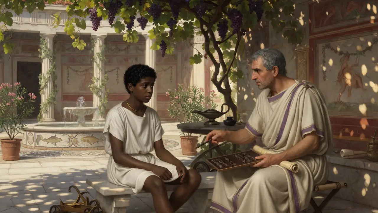 Roman tutor teaching african boy Roman tutor teaching african boy