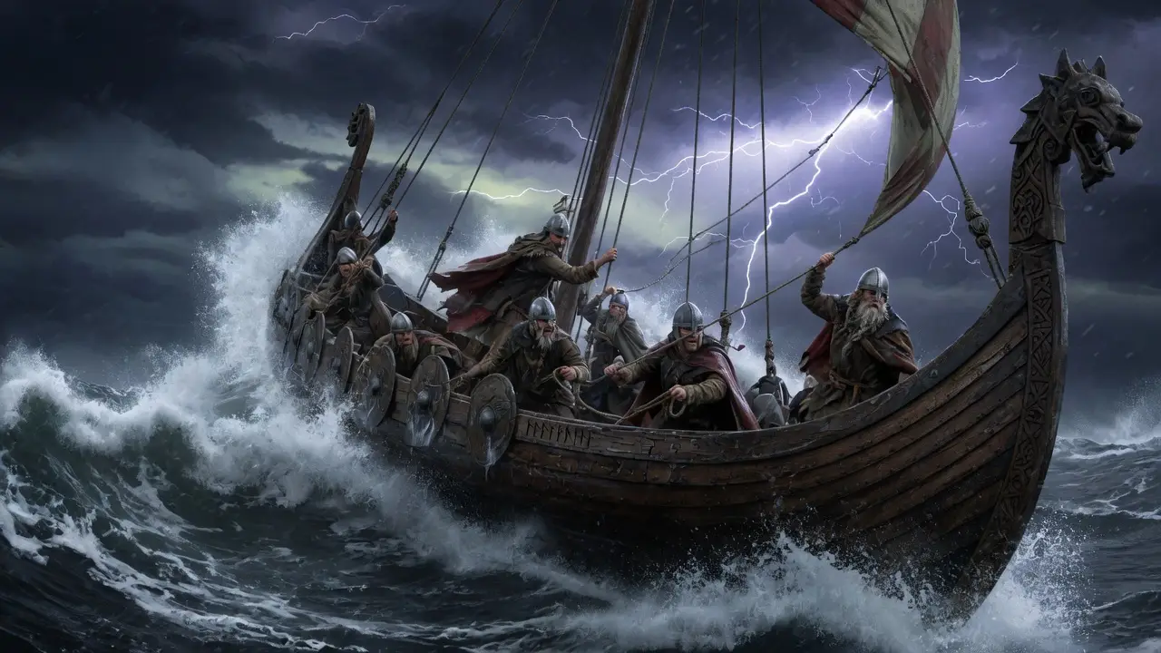 Viking longship at sea during a storm Viking longship at sea during a storm