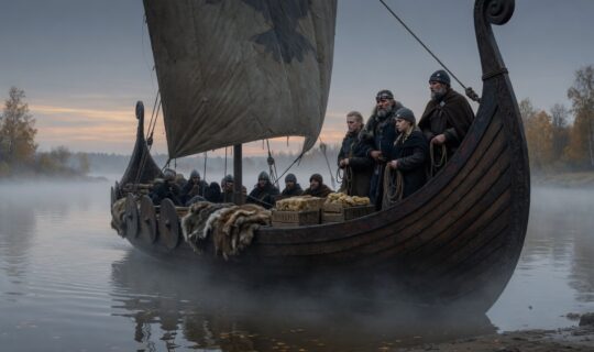 Viking longship moving through Volga Viking longship moving through Volga