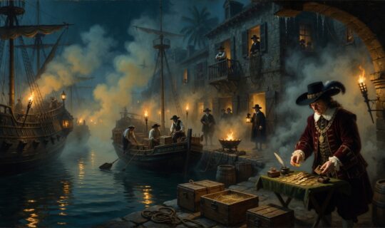 a fog drenched 17th century Caribbean port at night