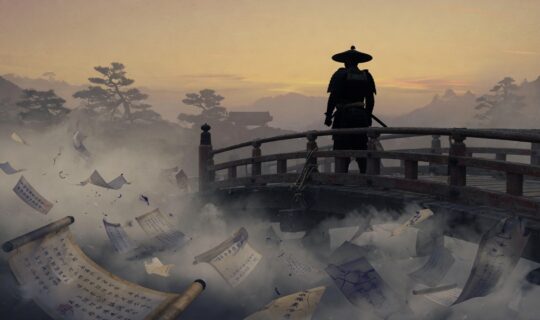 a lone samurai standing in thick morning fog a lone samurai standing in thick morning fog