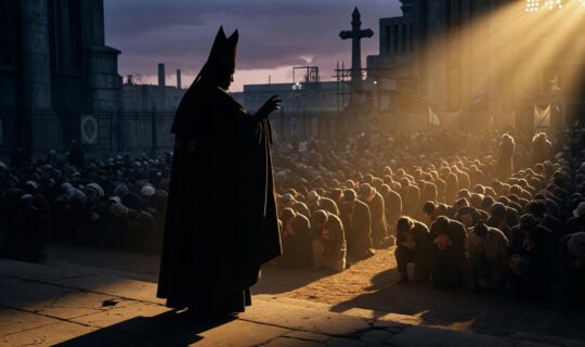 a tall robed figure standing before a vast kneeling crowd a tall robed figure standing before a vast kneeling crowd