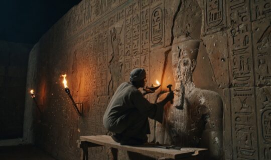 ancient Egyptian stone wall covered in hieroglyphs