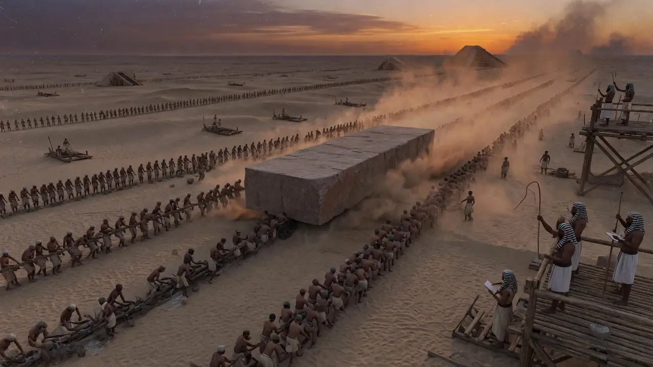 Ancient Egyptian Workers Hauling An Enormous Stone Block