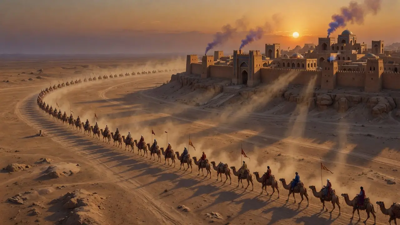Ancient Silk Road Caravan Crossing A Vast Desert