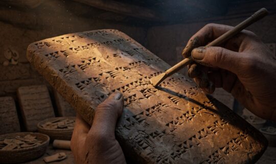 ancient clay tablet with a reed stylus