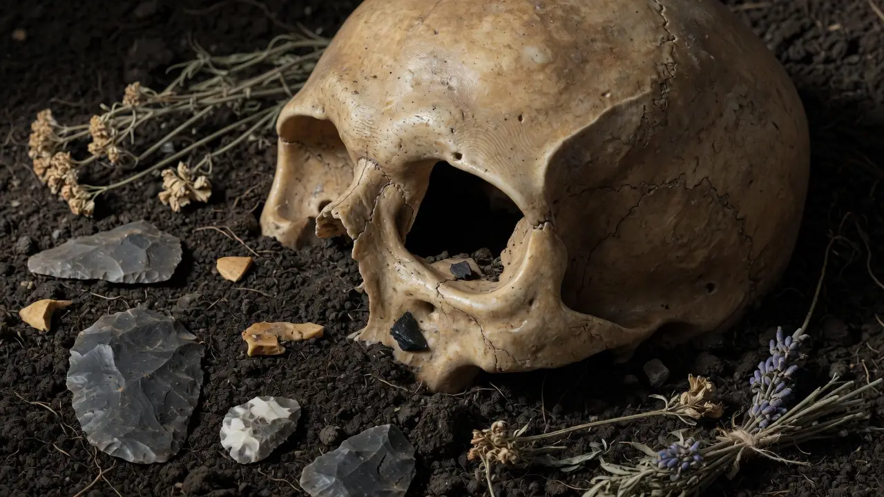 Ancient Human Skull Resting On Dark Soil