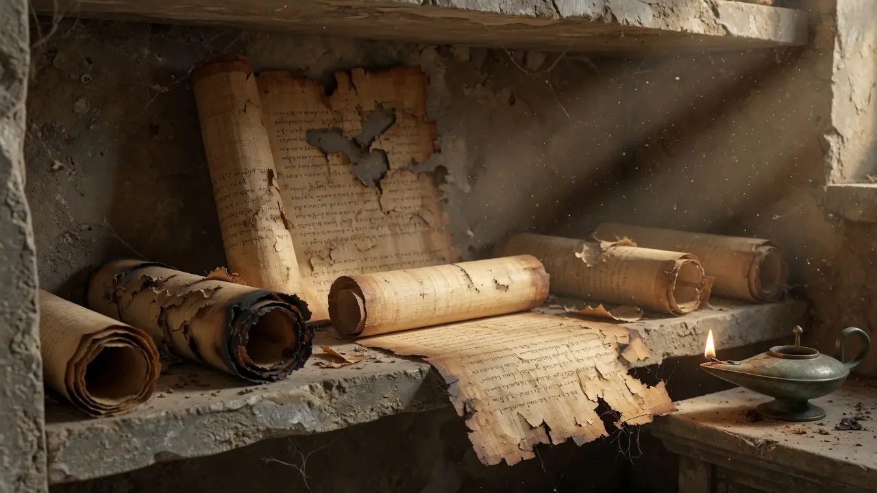 ancient papyrus scrolls in various states of decay Ancient Papyrus Scrolls In Various States Of Decay