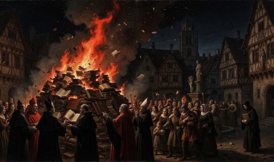 bonfire in a medieval European town square