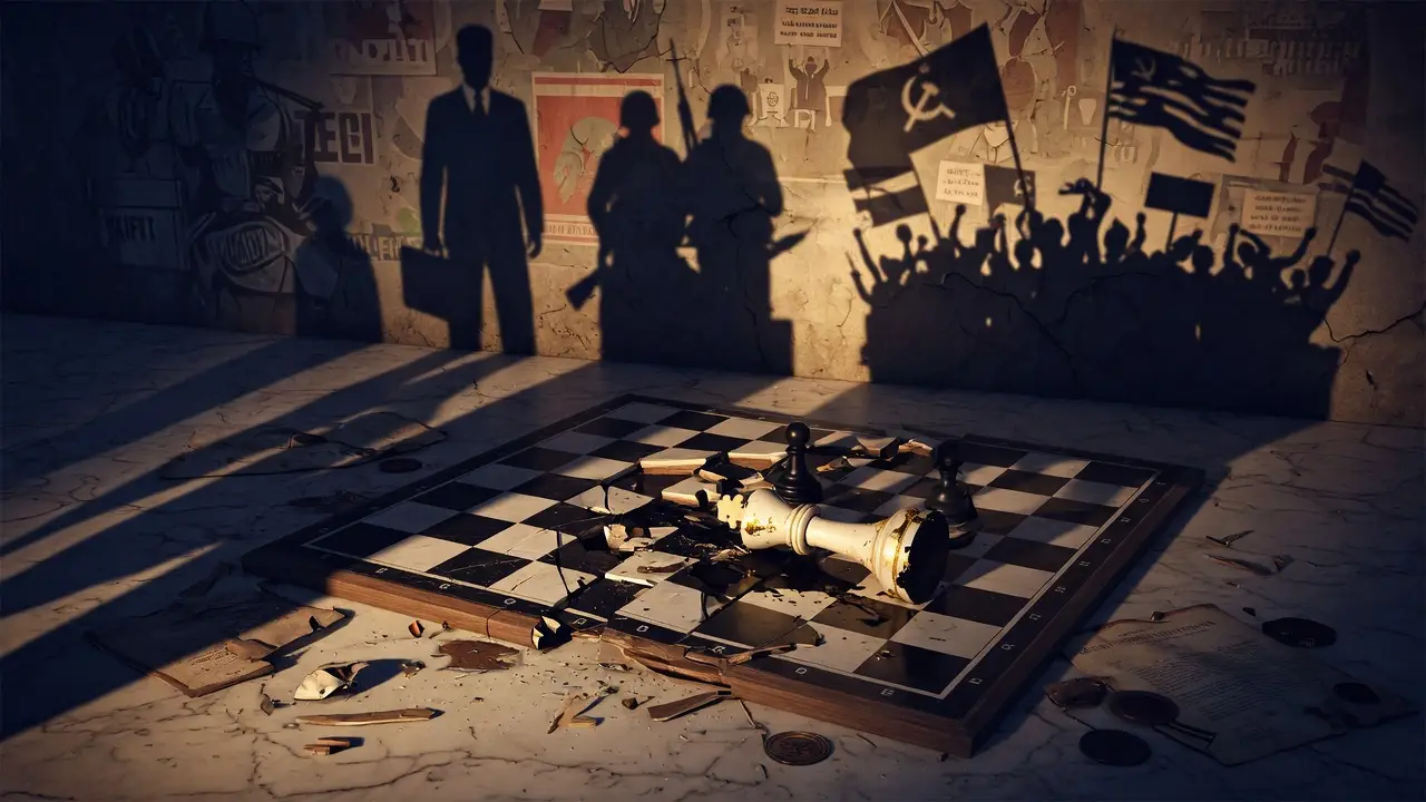 Broken Chessboard With One King Piece Toppled