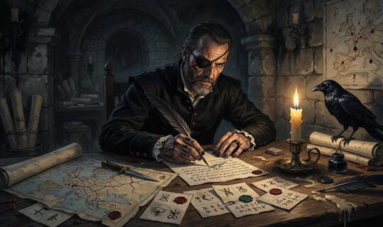 early modern era spy master in a candlelit stone chamber early modern era spy master in a candlelit stone chamber