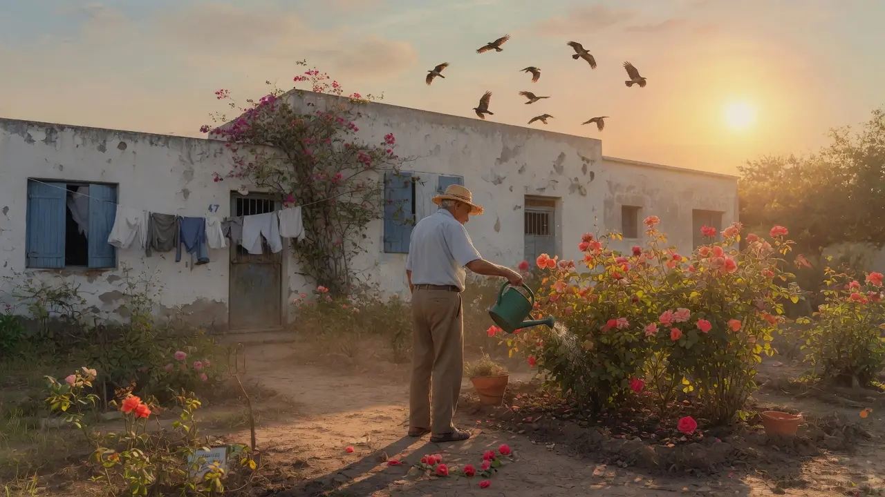 Elderly Man Standing Alone In A Garden