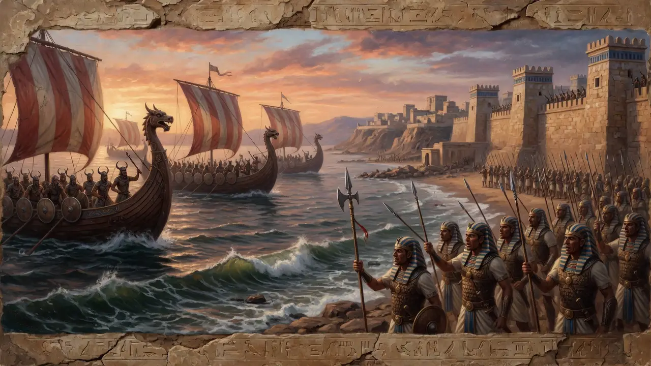 fleet of wooden ships on egyptian coastline