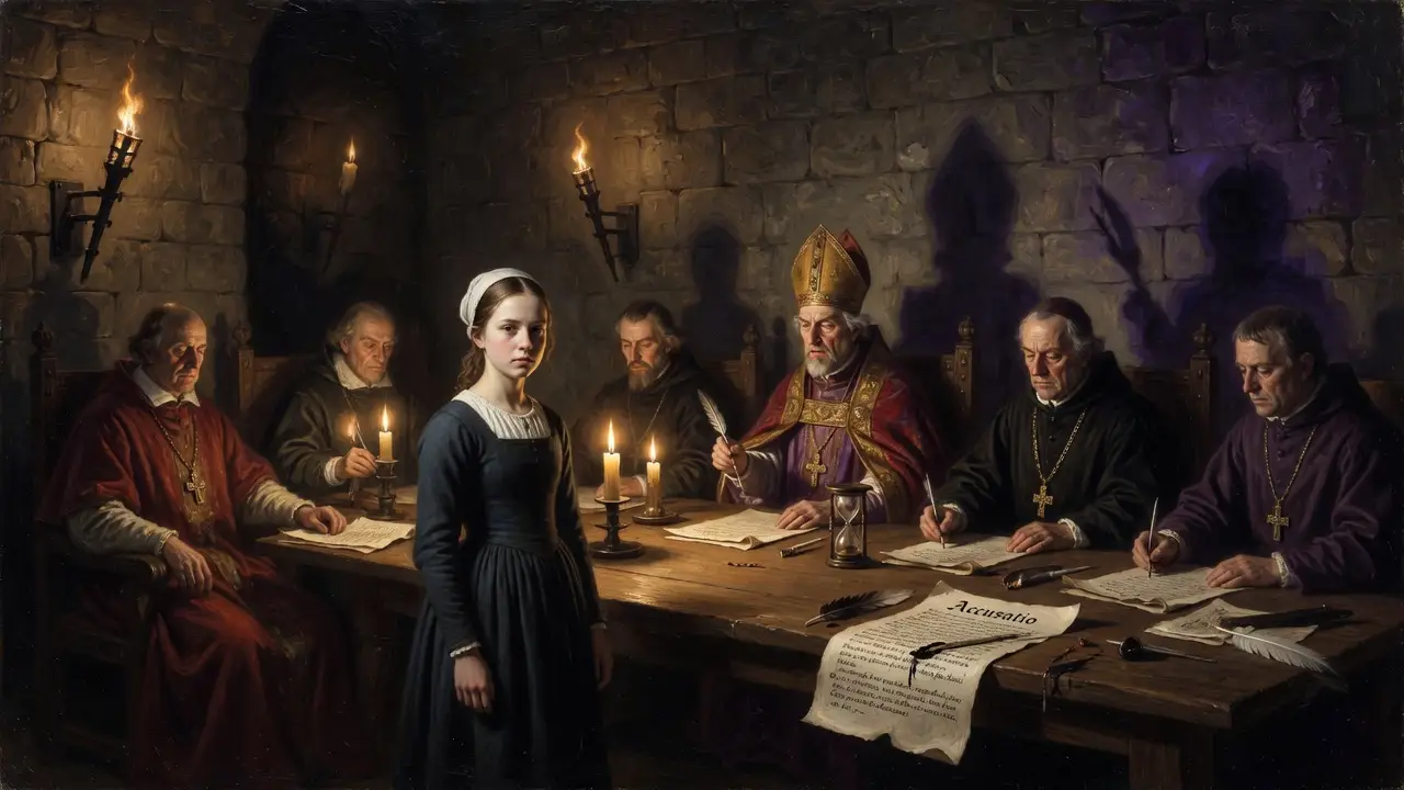 Girl Standing Before A Row Of Robed Medieval Judges And Bishops
