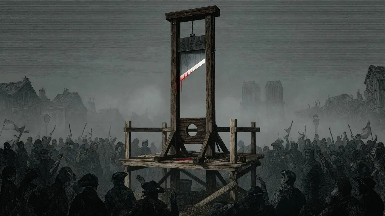 guillotine stands center frame on a wooden scaffold Guillotine Stands Center Frame On A Wooden Scaffold