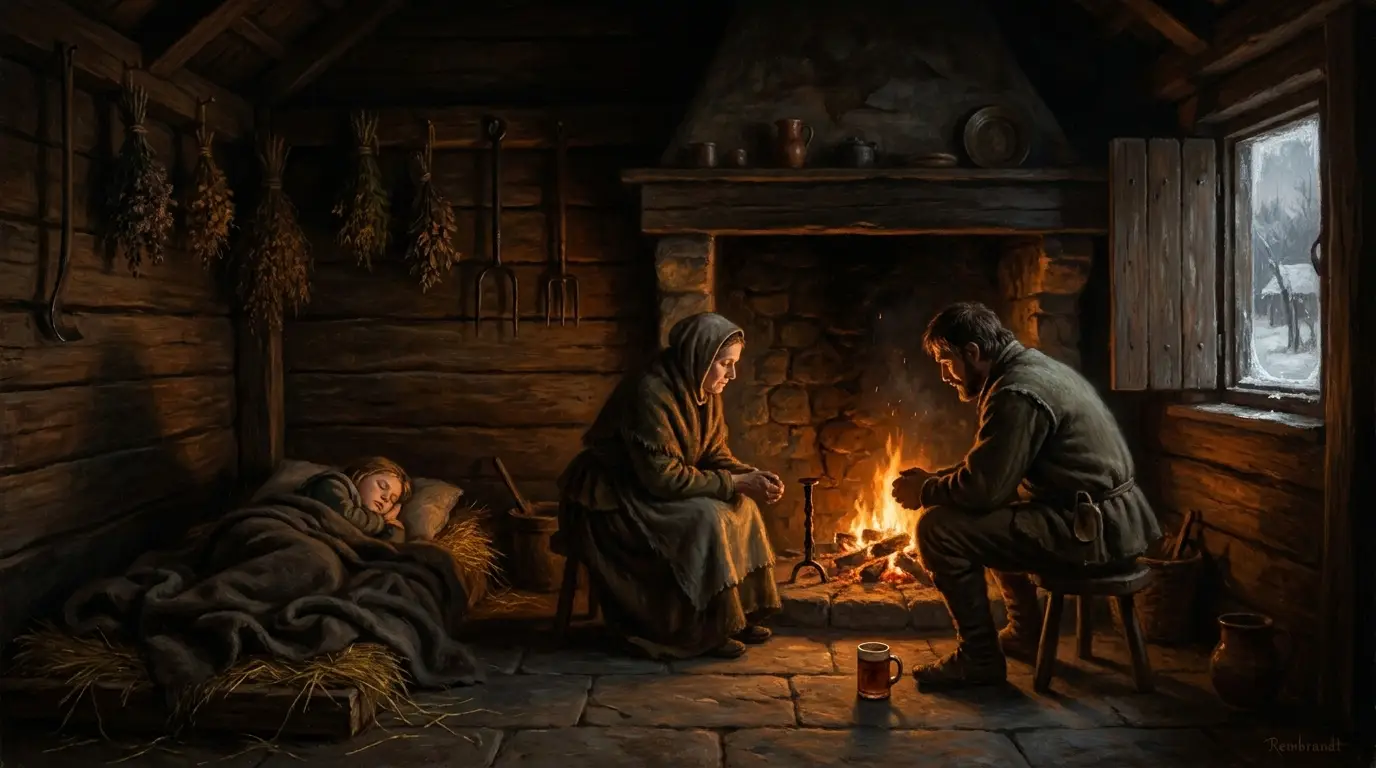 Interior Of A Medieval Peasant Home In Winter