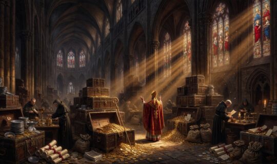 interior of a vast Gothic cathedral nave in 13th century