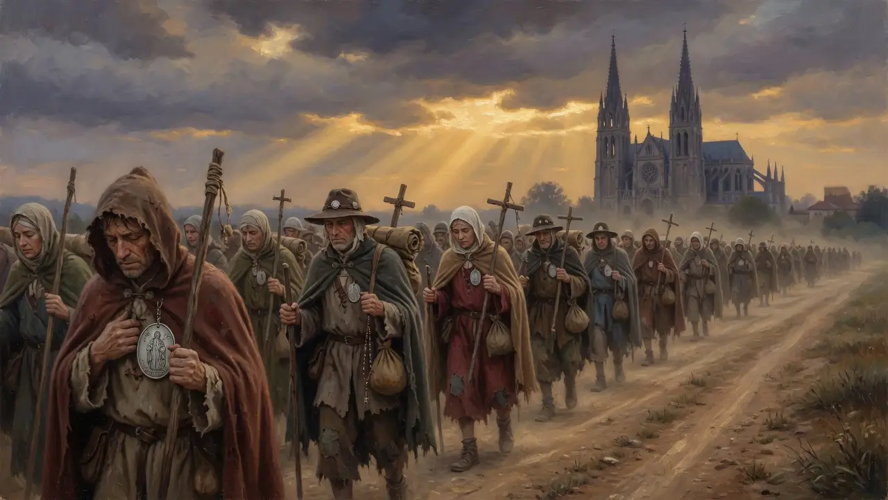 long procession of medieval pilgrims long procession of medieval pilgrims