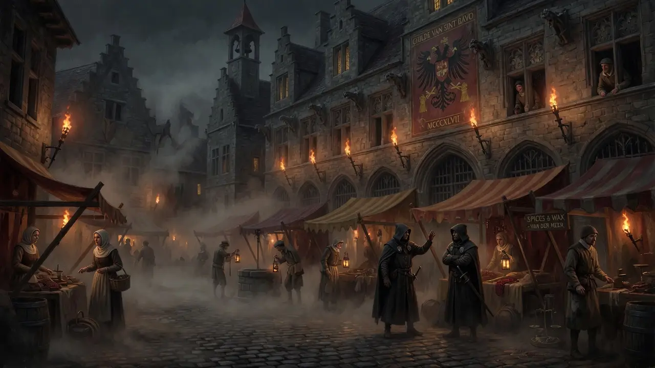 Medieval European Market Square At Night