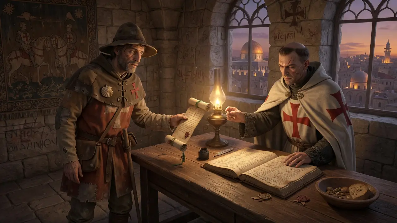 Medieval French Pilgrim At Templar Preceptory Desk