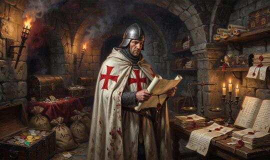 medieval Templar knight inside a stone vault