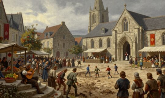 medieval cathedral town square on a saints day celebration