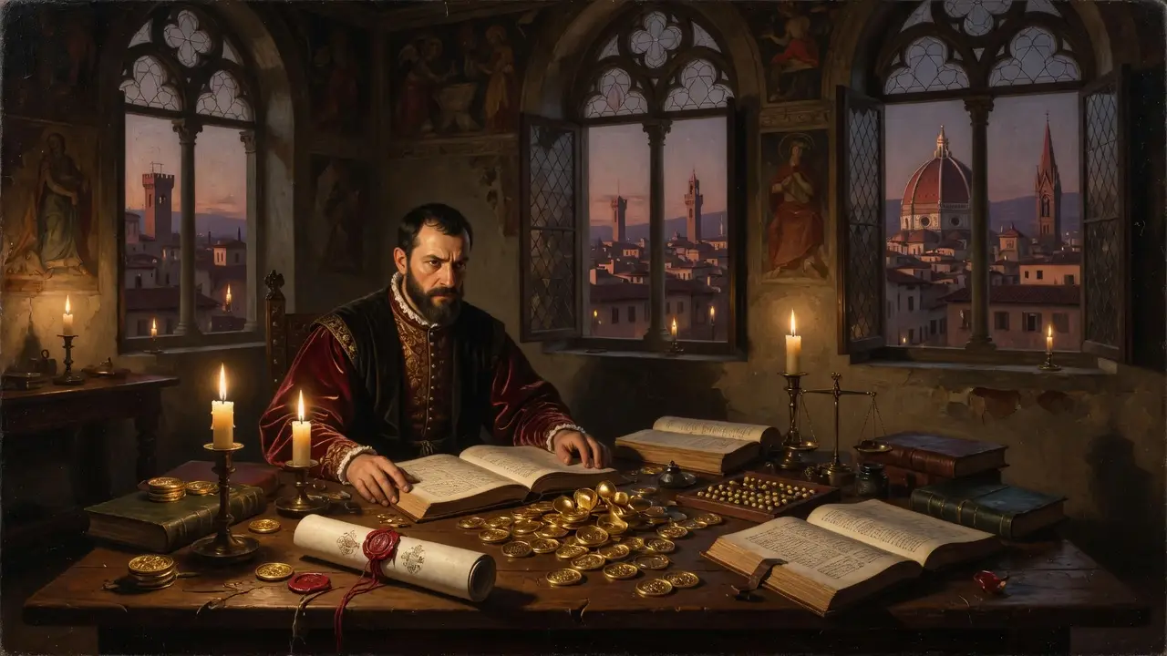 medieval italy Medici banker in fine merchant robes Medieval Italy Medici Banker In Fine Merchant Robes