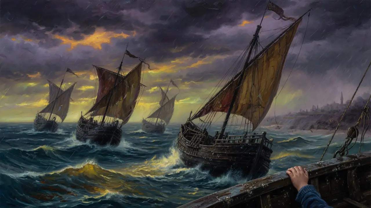 medieval merchant ships sailing at dusk Medieval Merchant Ships Sailing At Dusk