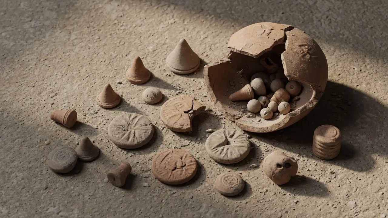 scattered ancient clay tokens