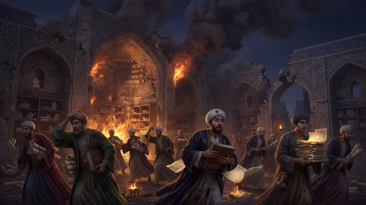 scholars carrying manuscripts from burning library Scholars Carrying Manuscripts From Burning Library