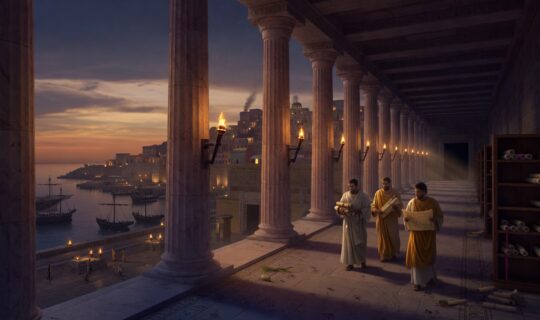 the ancient Library of Alexandria at dusk