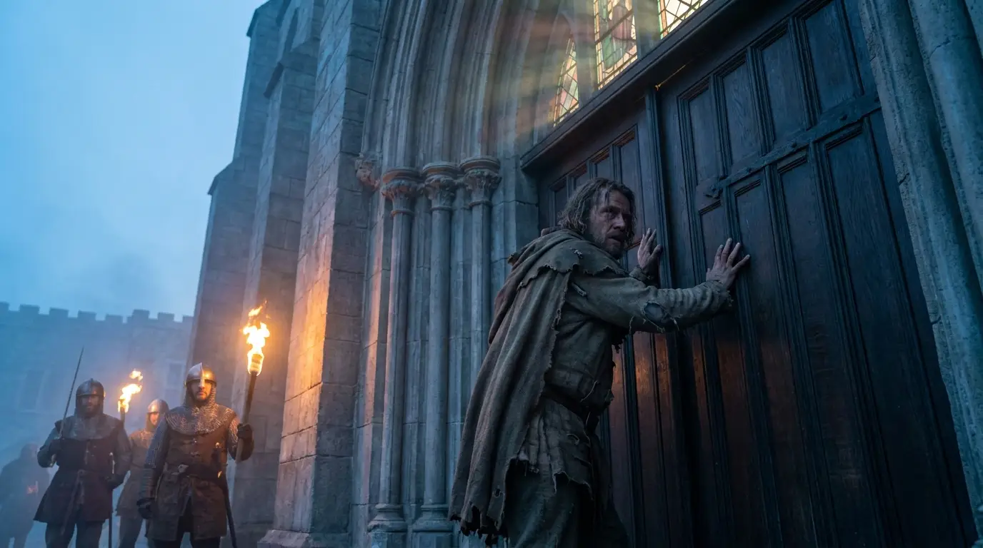 Fugitive man at cathedral doors Fugitive man at cathedral doors