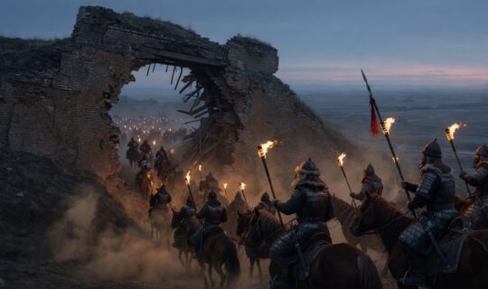Mongol cavalry moving through gate