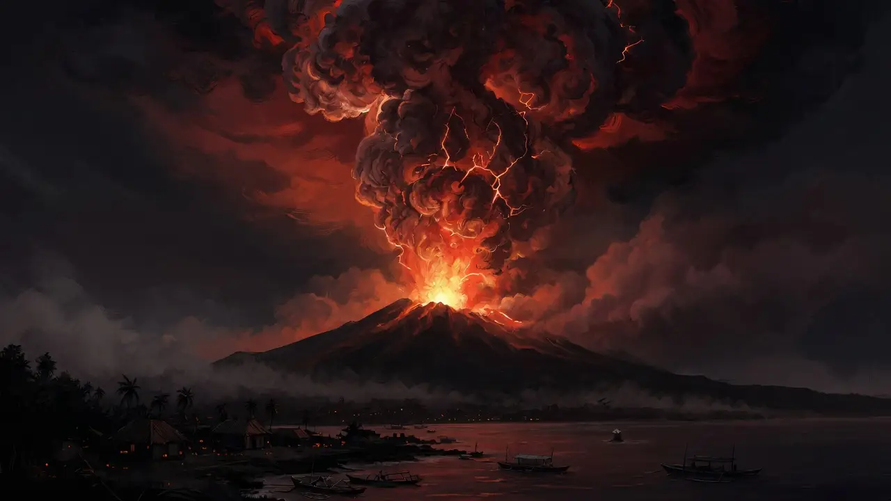 Mount Tambora erupting at night in 1815 Mount Tambora erupting at night in 1815