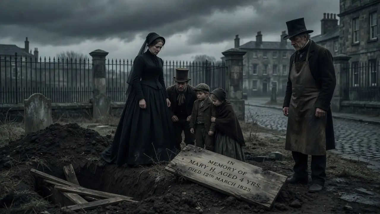 Victorian era family in grief at churchyard Victorian-era family in grief at churchyard