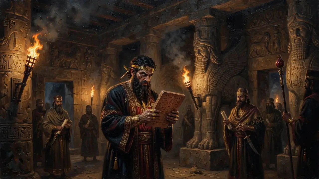 an Assyrian royal court at night an Assyrian royal court at night