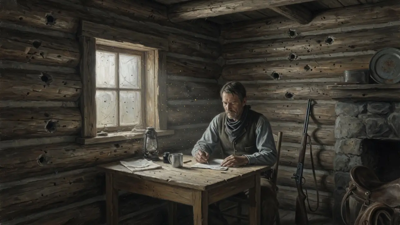 cowboy inside log cabin interior