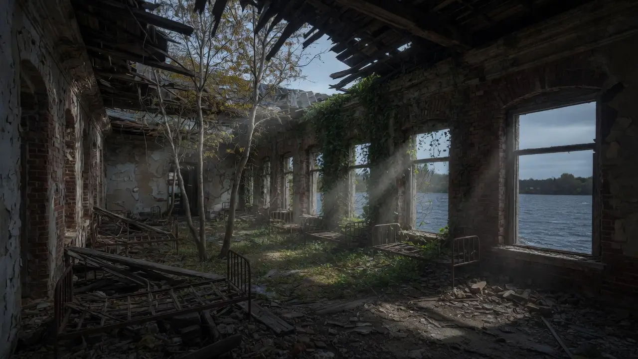 island hospital building reclaimed by nature