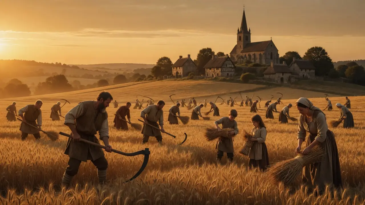 medieval harvest scene village working medieval harvest scene village working
