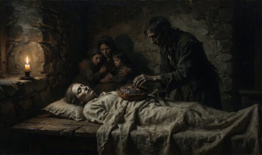 sin eater in 18th century cottage interior