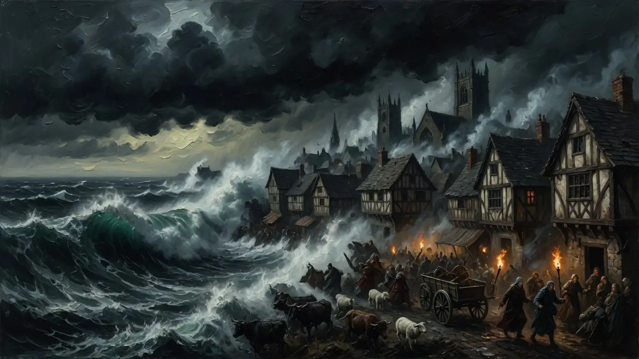 storm surge striking a medieval English town storm surge striking a medieval English town