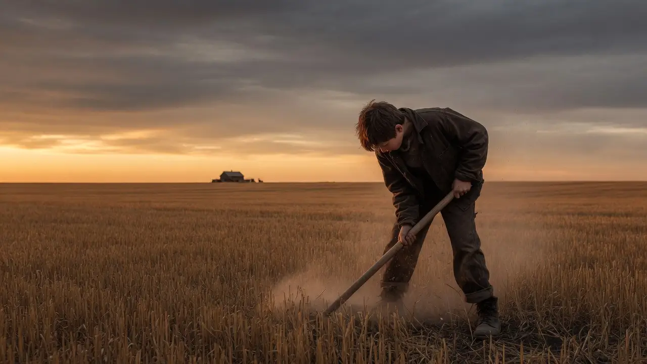 young boy working alone in a field young boy working alone in a field